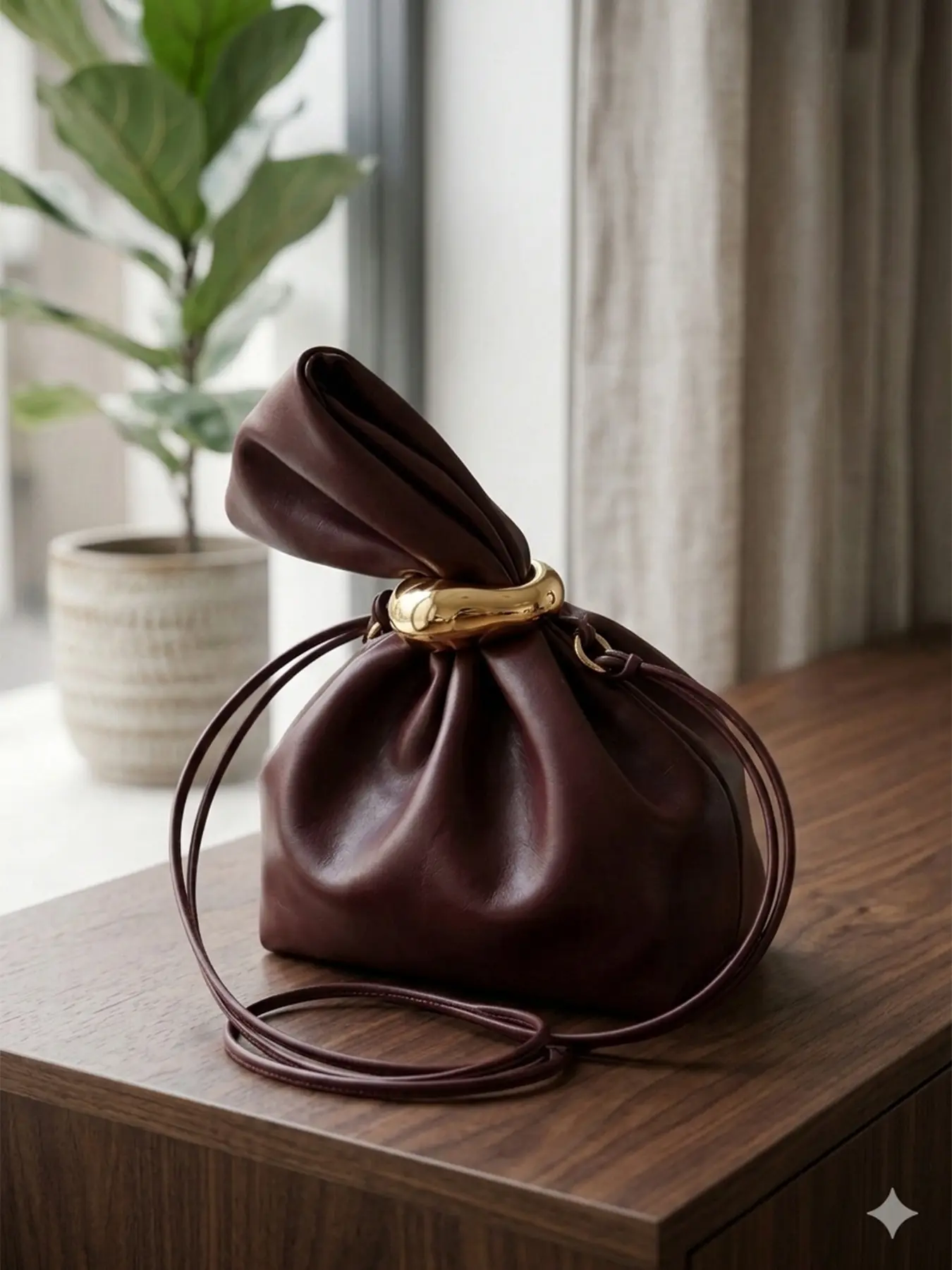 Soft leather drawstring mini bucket handbag with ruched handle decorated with metal beads, dual-use clutch with side zipper for women, simple and elegant, ideal for city walks, dates and wedding guests outings
