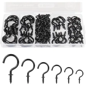 Screw Hooks, 6 Sizes Metal Screw in Cup Hooks, 1/2 Inch, 5/8 Inch, 3/4 Inch, 7/8 Inch, 1 Inch, 1-1/4 Inch, Black, 110 Pcs