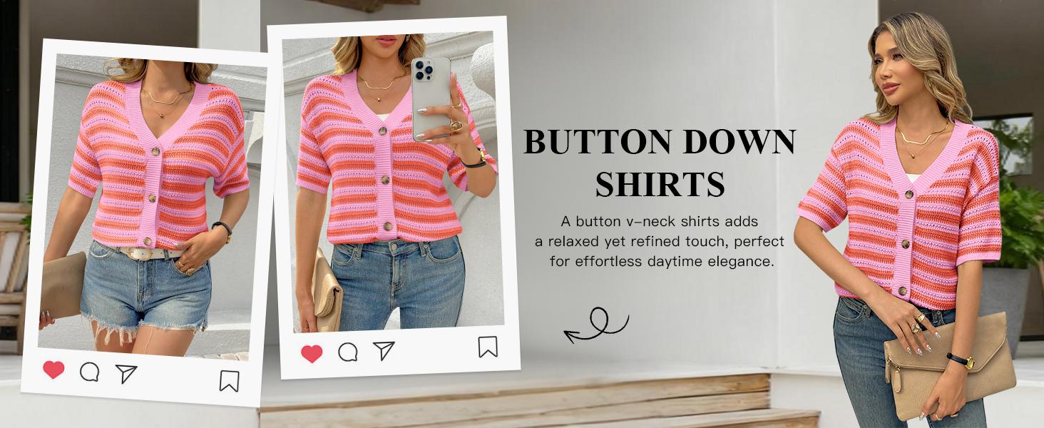Saodimallsu Womens Short Sleeve Striped Cardigan Sweaters Crochet Knit Button Down Shirts V Neck Spring Summer Tops Saodimallsu Womens Short Sleeve Striped Cardigan Sweaters Crochet Knit Button Down Shirts V Neck Spring Summer Tops
