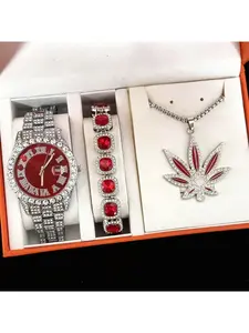 Fashionable new personalized large dial Roman numeral face steel strip quartz watch unisex maple leaf pendant