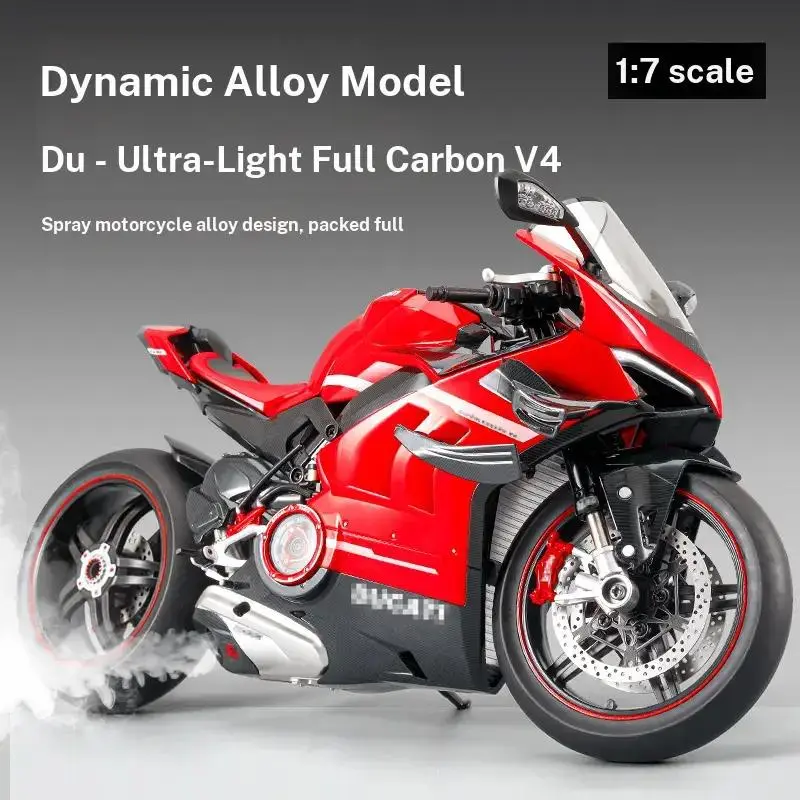 Dynamic alloy motorcycle model, 1:7 ultra-light all-carbon V4, featuring realistic sound and light effects + key start, mechanical linkage design, water spray effect, abundant alloy material construction, suitable for both collection and playing.