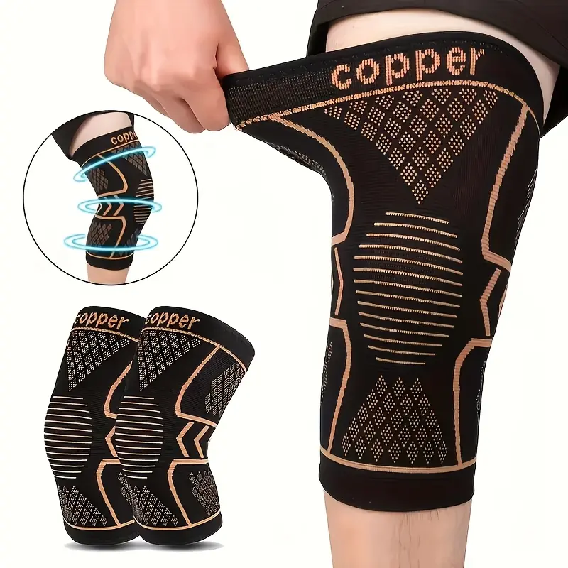 A pair of compression knee braces woven with copper fiber material,featuring highly elastic and breathable knit fabric. Great flexibility makes them ideal for outdoor activities,gym training and various ball games,and they are also wonderful gift options.