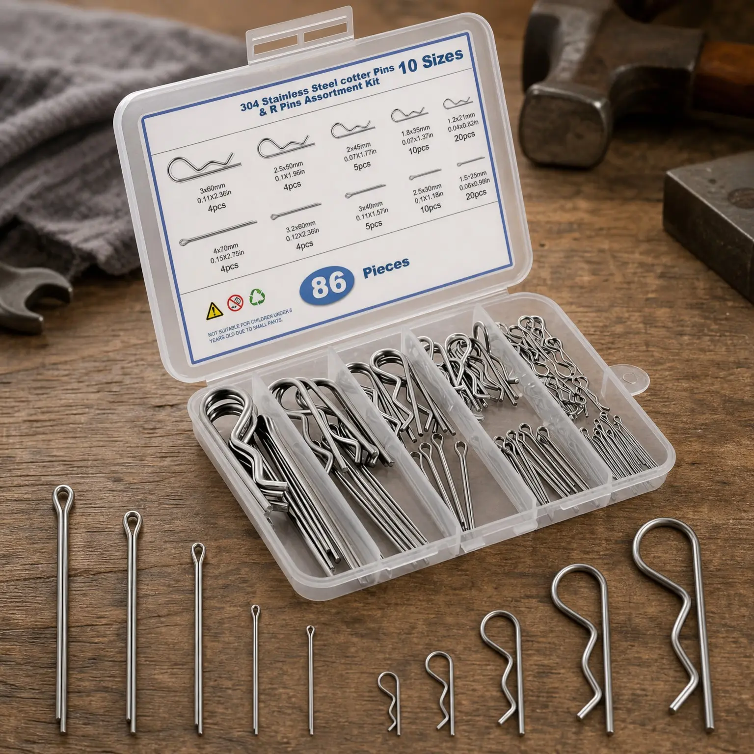 86 PCS Cotter Pin Assortment Kit with R Clips, 10 Sizes - 304 Stainless Steel Heavy Duty Split Pins for Trailer Hitch, Tractor, Lawn Mower, Engine, Farm EquipmentGift