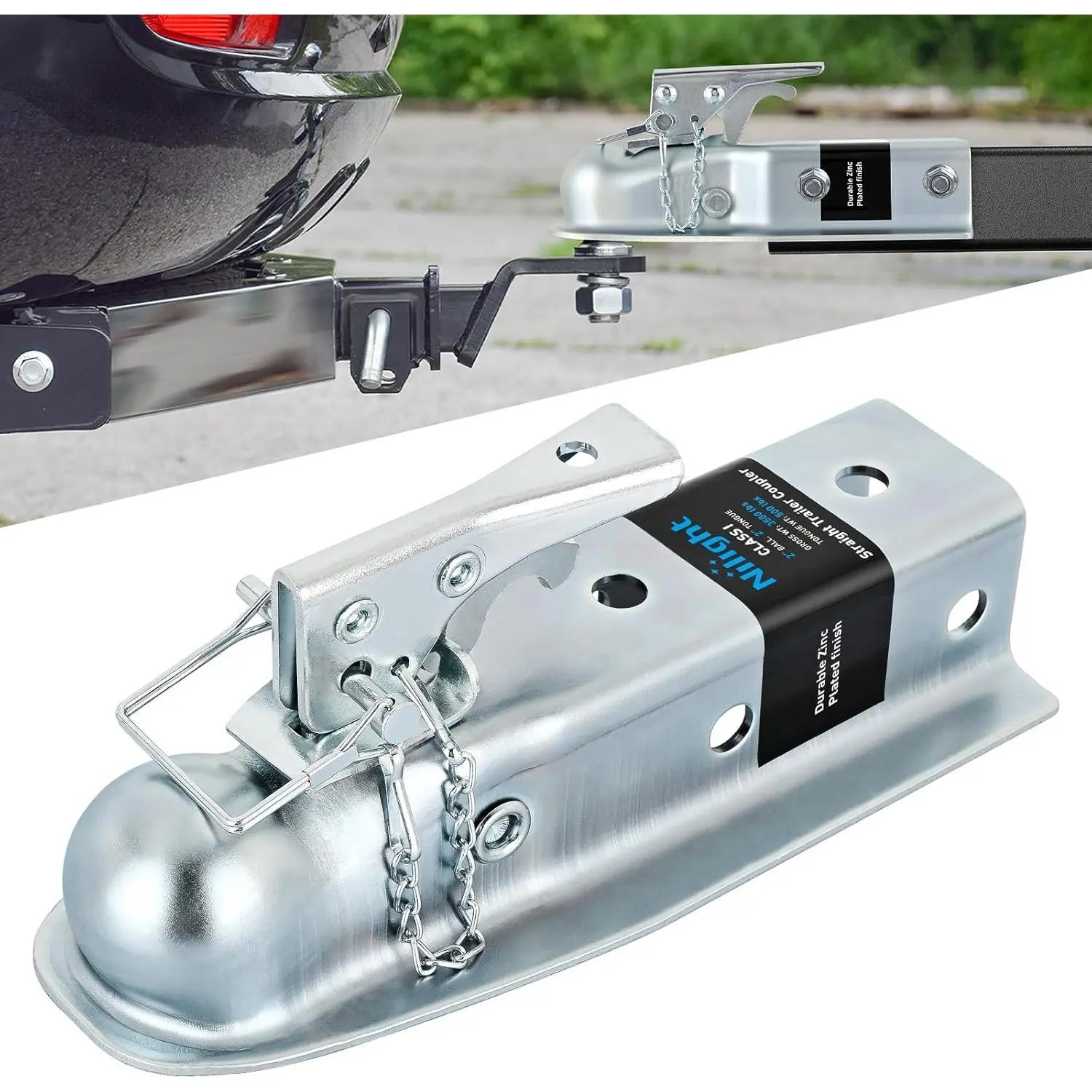 Nilight Heavy Duty Zinc Finish Zinc Steel Straight Trailer Coupler with Security Latch, Chain & Easy Lock System, 2-in/1-7/8-in Hitch Ball Compatibility, 2.5-in Channel, 3500 LBS Capacity, Bolted & Welded for 2-in Wide Straight Tongues, for Trucks, 3500 L