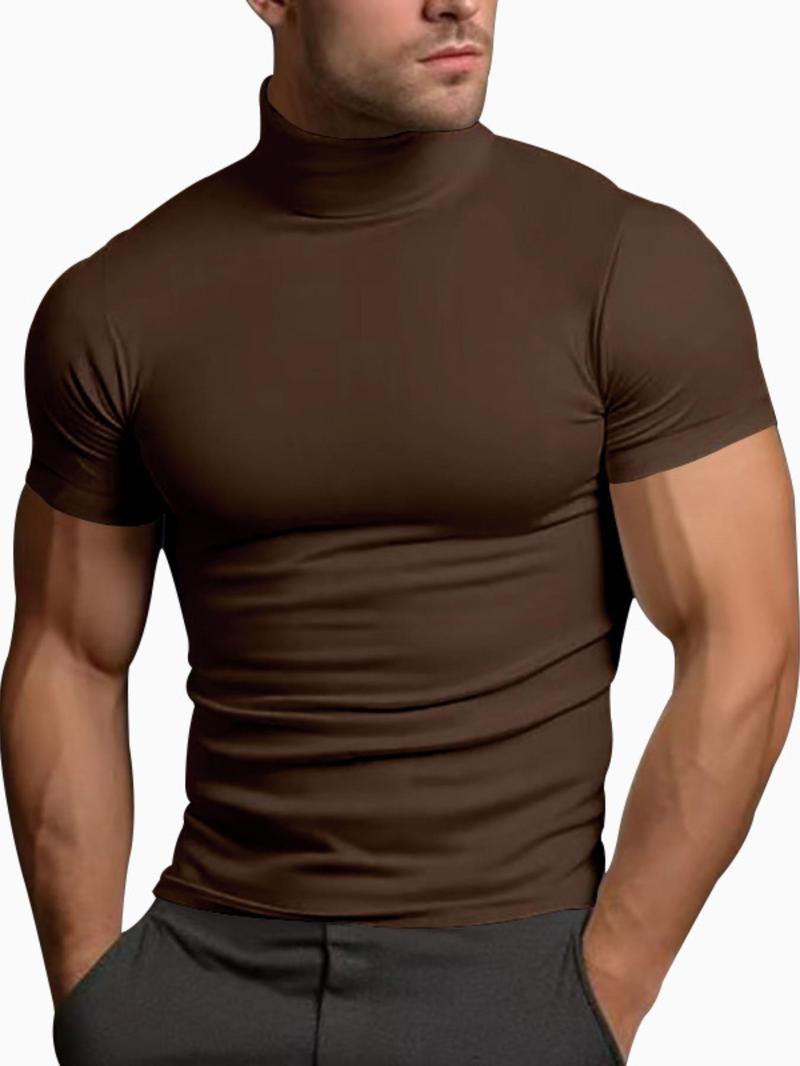 Men's Solid Color Turtleneck Tee, Casual Comfy Short Sleeve T-shirt for Summer, Men's Top for Daily Wear, Tropical