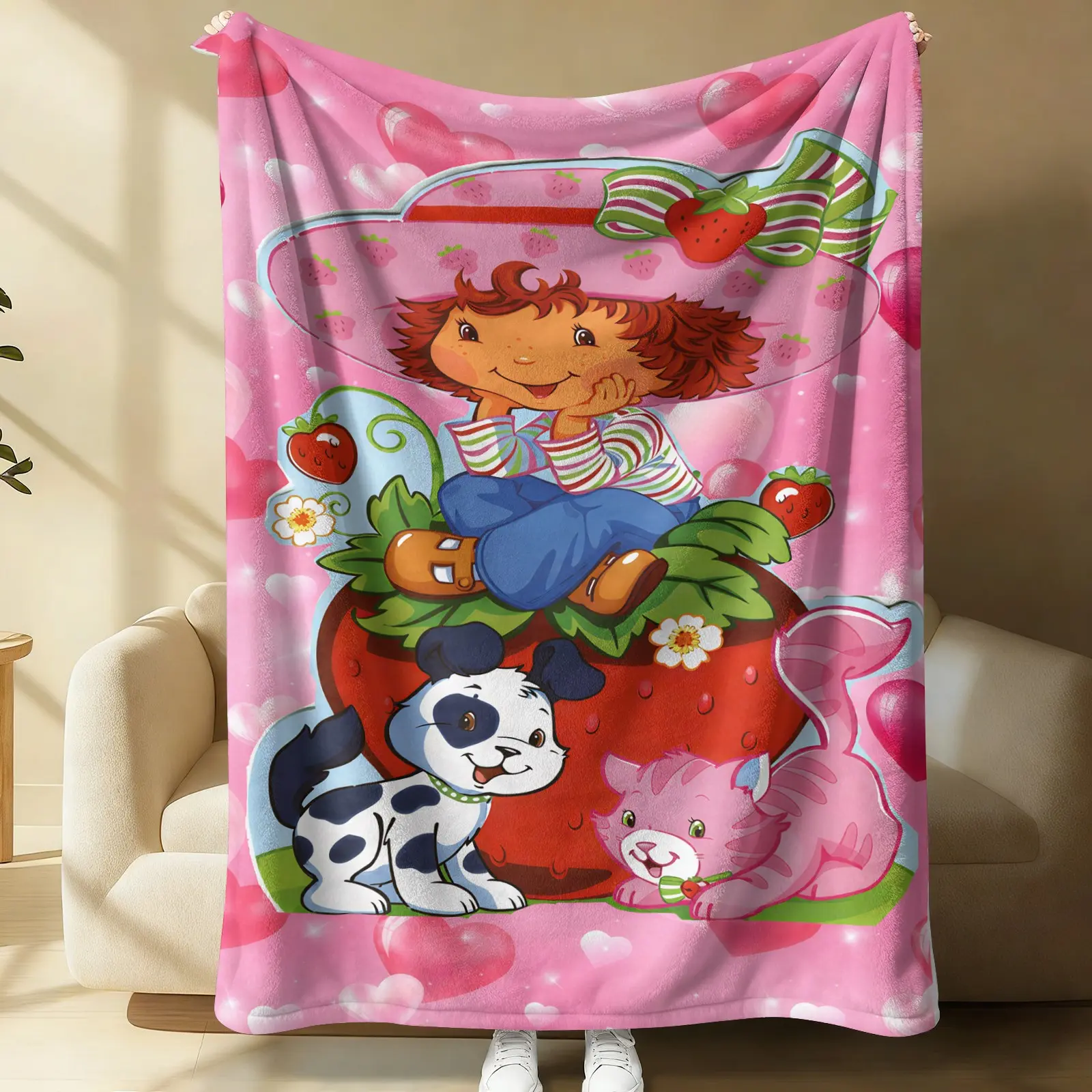 Retro Strawberry Girl Flannel Cozy Throw Blanket, Printed with Dalmatian Puppy & Pink Cat on Heart Pink Background, Lightweight & Ultra Soft for Girls, Kids & Adults, All Season for Sofa, Bed, Car & Camping, Nice Birthday Holiday Gift, Comfy Blankets