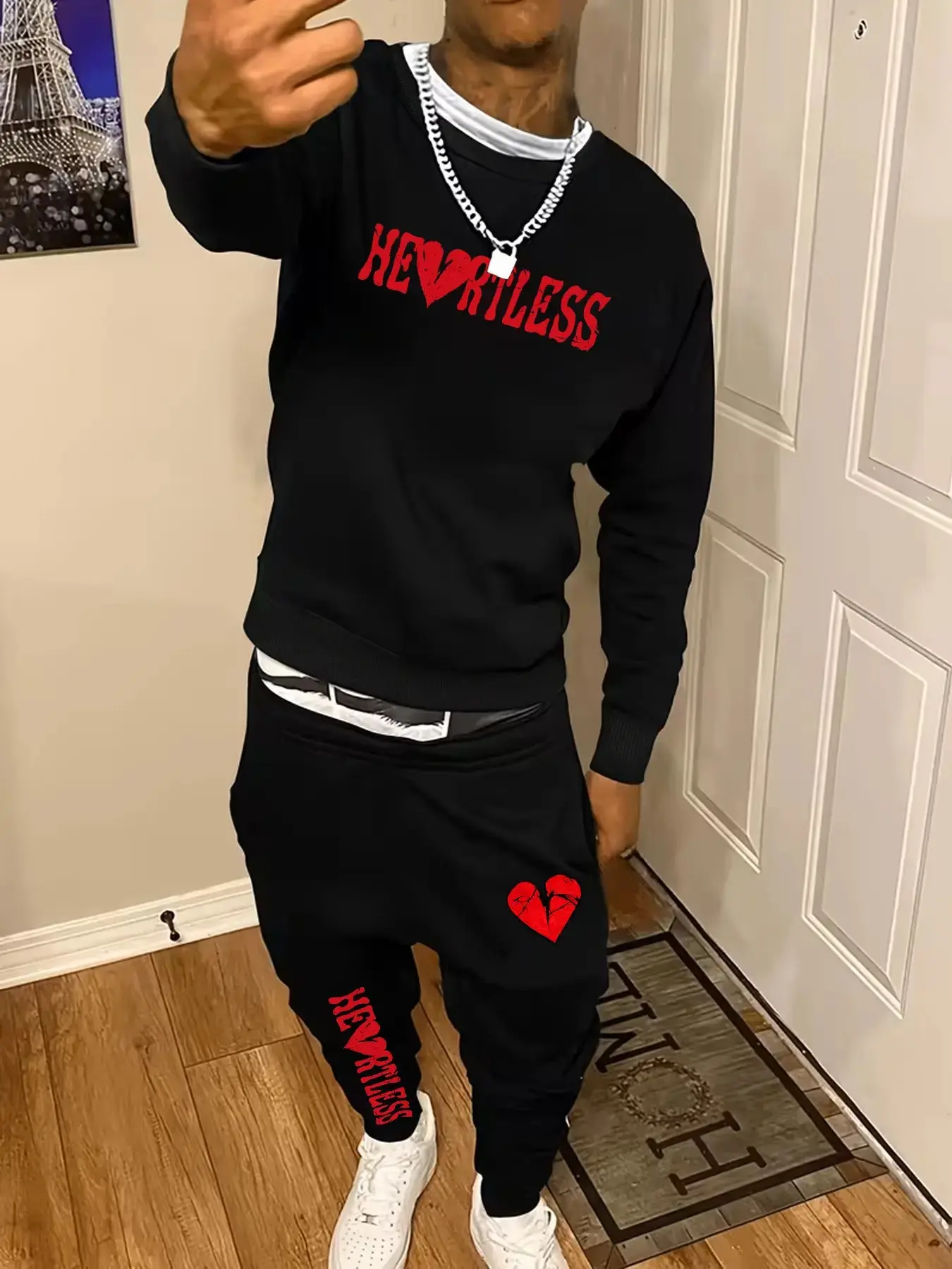 Men's Street Style Heartless Heart Print Set, Loose-Fit Round Neck Top and Jogger Pants, Fall & Winter Fashion Two-Piece