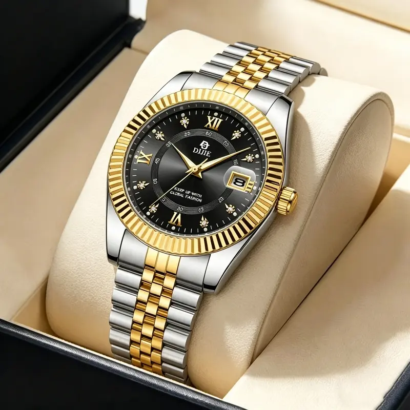 Elegant Fluted Bezel Male Wristwatch Multi-Row Metal Bracelet Roman Numeral Dial Daily Office Fashion Timepiece