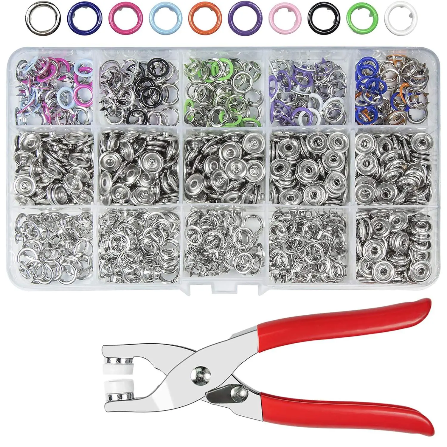 Craftsmanship DIY 200 Sets Metal Snaps Buttons with Fastener Pliers Press Tool Kit for Sewing and Crafting (10 Colors,9.5mm) (Hollow)