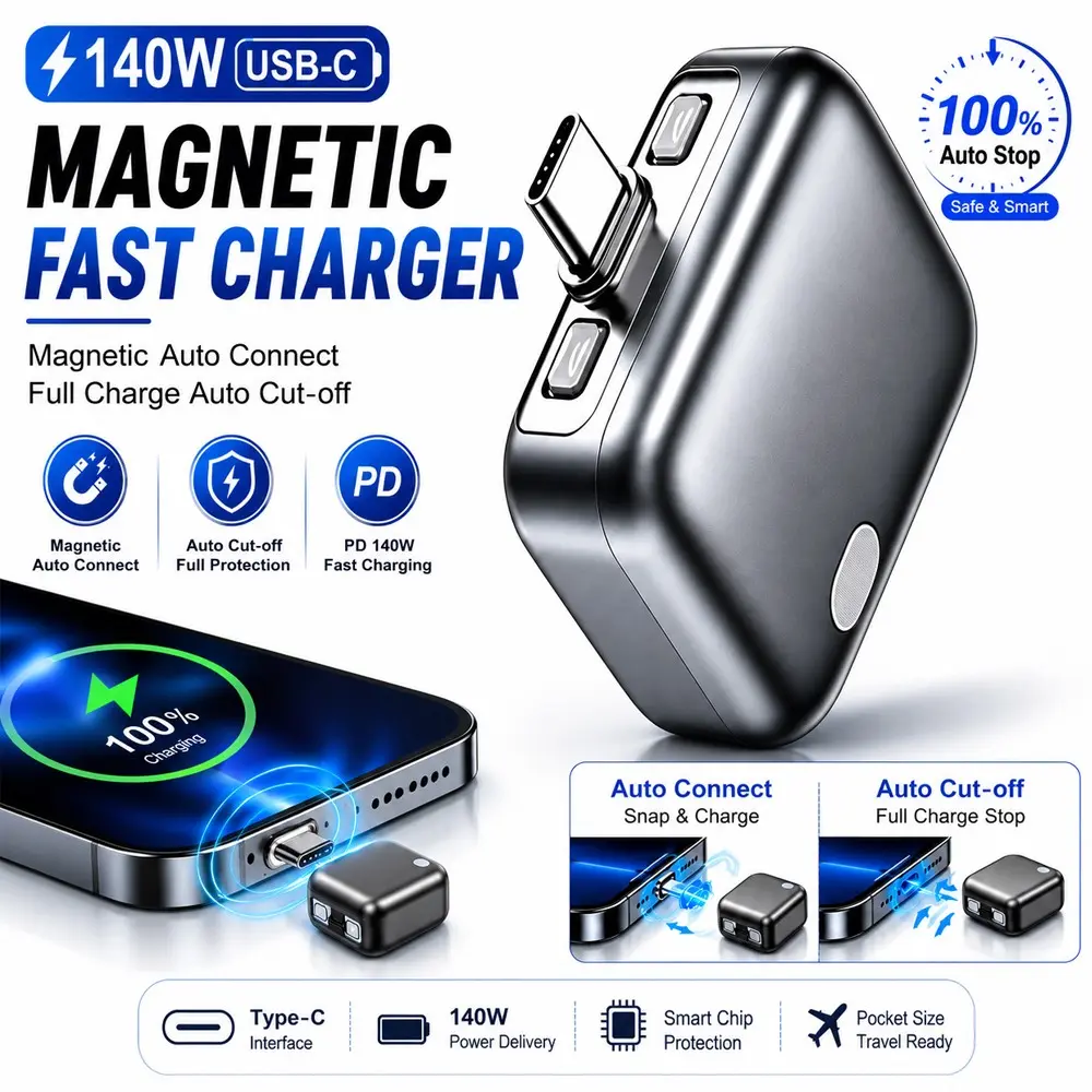 140W Magnetic USB-C Fast Charger PD Adapter, Auto Connect, Full Charge Auto Cut-Off, Smart Protection, Portable Type-C Charger