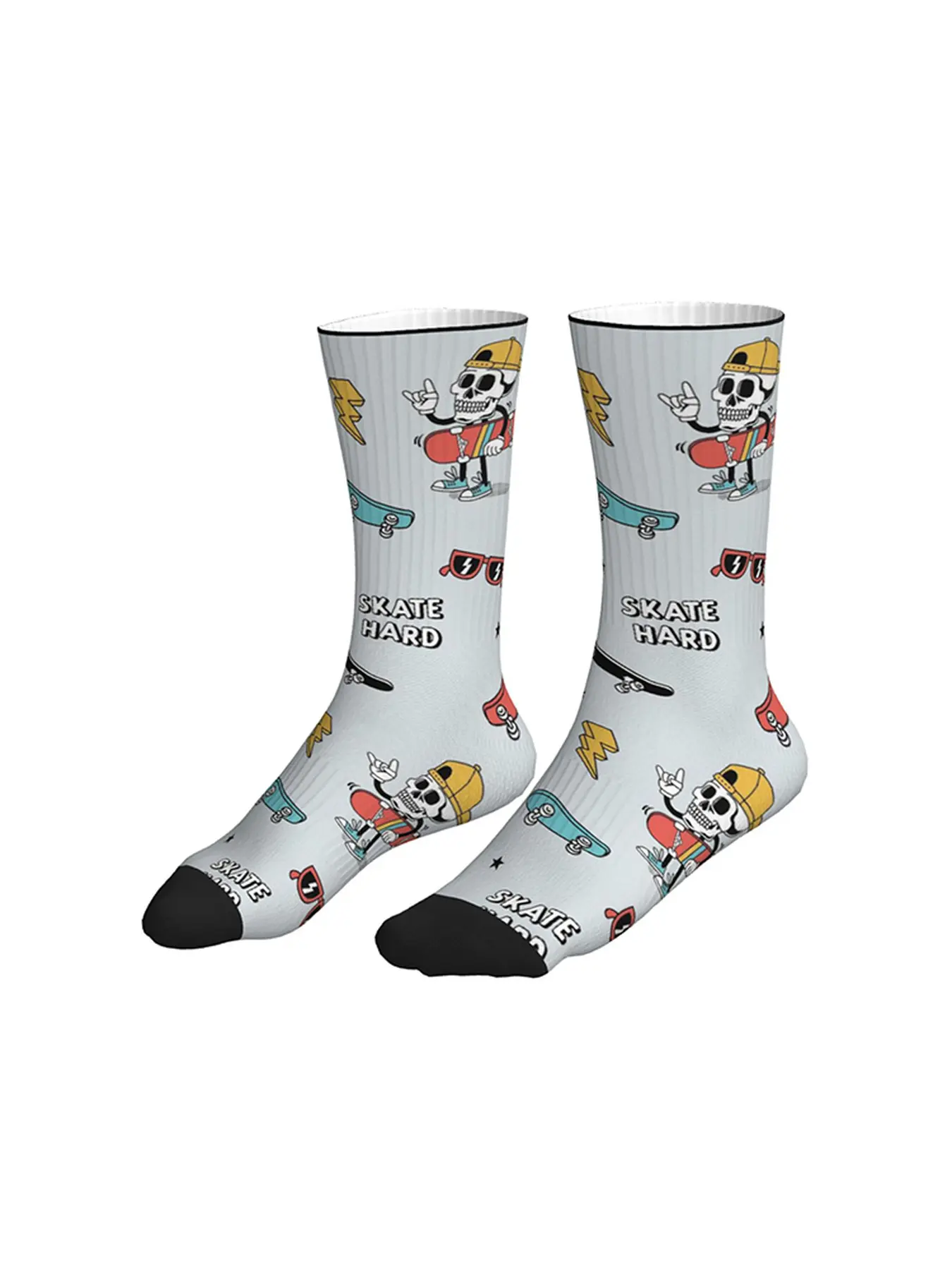 Cartoon Skateboard Skull Print Crew Socks, Retro Streetwear Skate Hard Casual Socks for Men Women