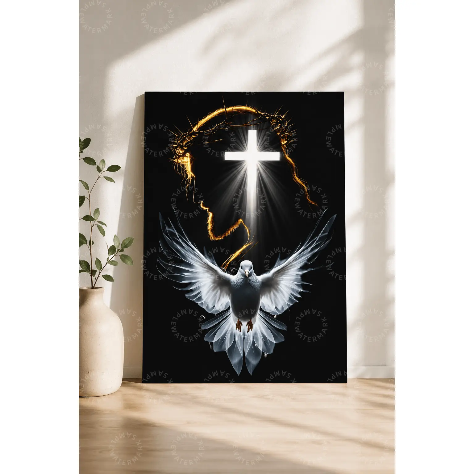 Faith-Inspired Glowing Cross and White Dove Canvas Poster, Black Gold Spiritual Wall Decor, Aesthetic Poster for Bedroom, Living Room, Office, Prayer Space, Modern Inspirational Gift
