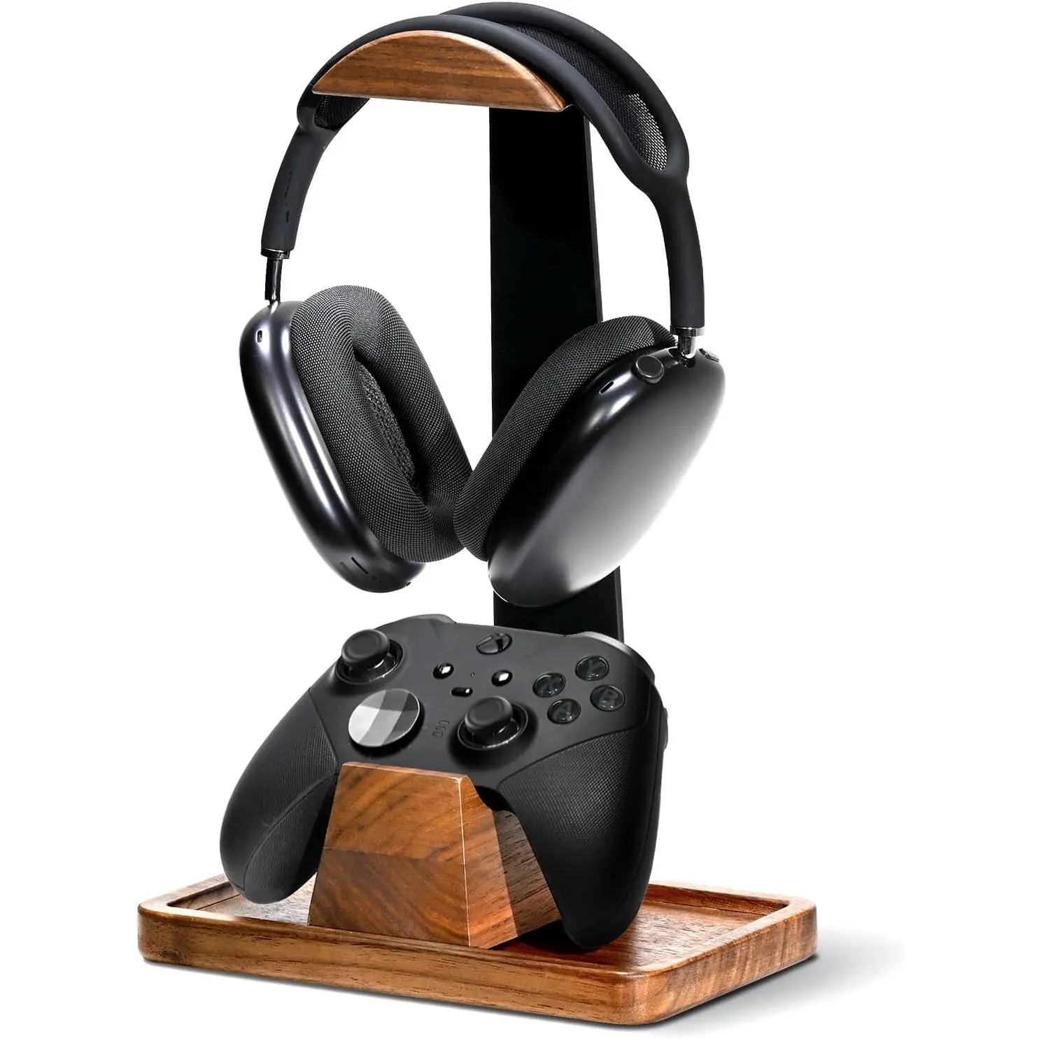 Headset Stand with Gaming Controller Holder, Walnut Wood Headphone Stand with Storage Base, Gaming Equipment Accessories for Desk