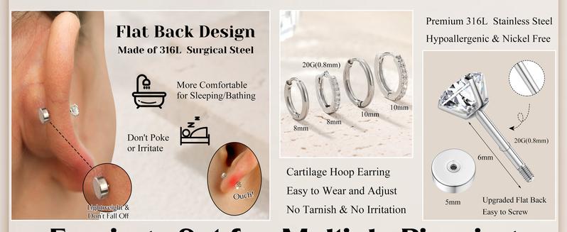 Jstyle Hypoallergenic Stud Hoop Earrings for Women Flat Back Cartilage Earrings Small Silver Hoops Surgical Stainless Steel Earring Trendy Earring Stacks Set Multiple Piercing Jewelry Gifts for Women