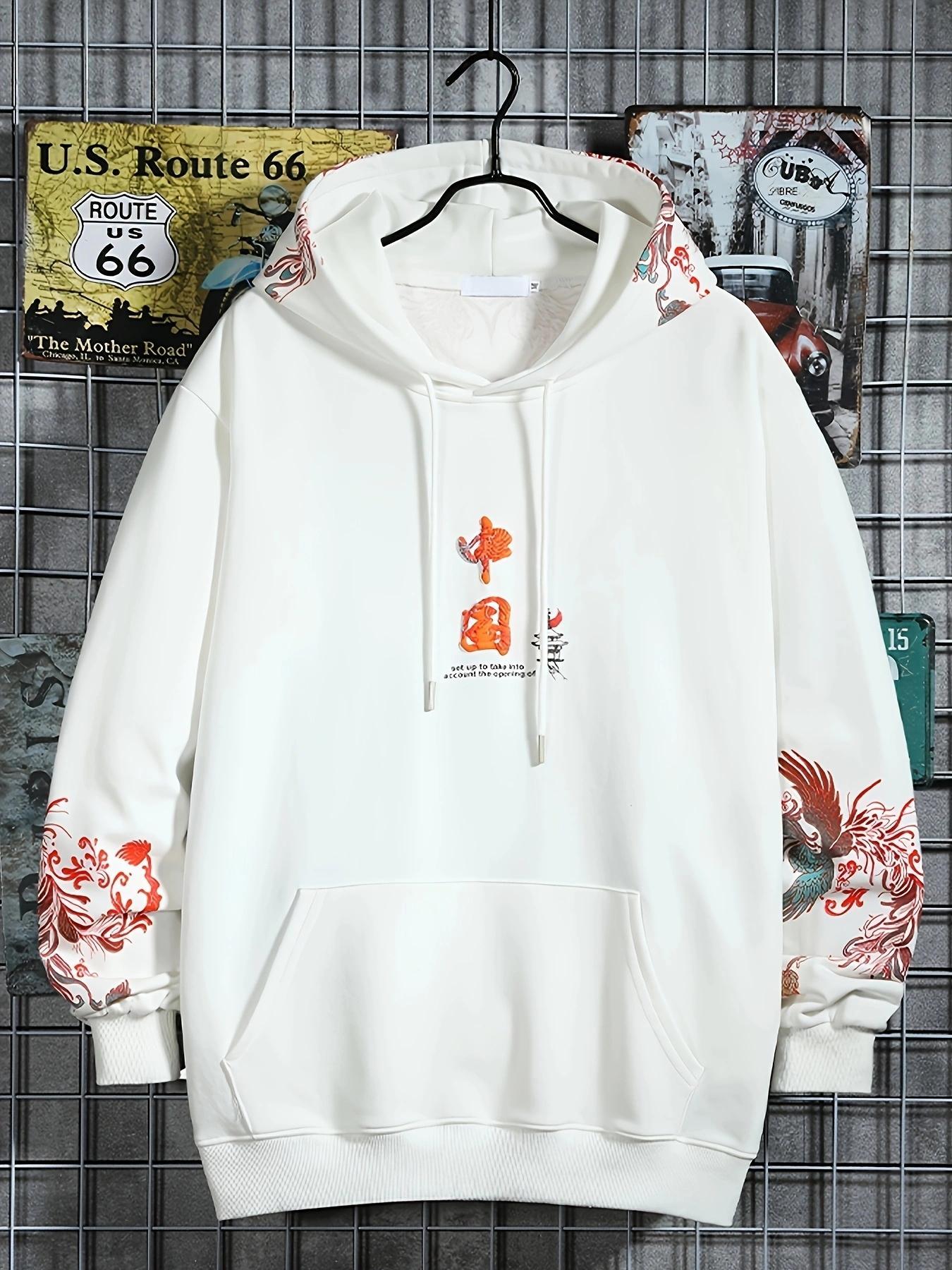 Men's Chinese Phoenix Graphic Print Drawstring Hoodie, Loose Casual Fashion Long Sleeve Kangaroo Pocket Design Hooded Sweatshirt for Daily Holiday Outdoor Wear, Men Clothes for Spring & Fall