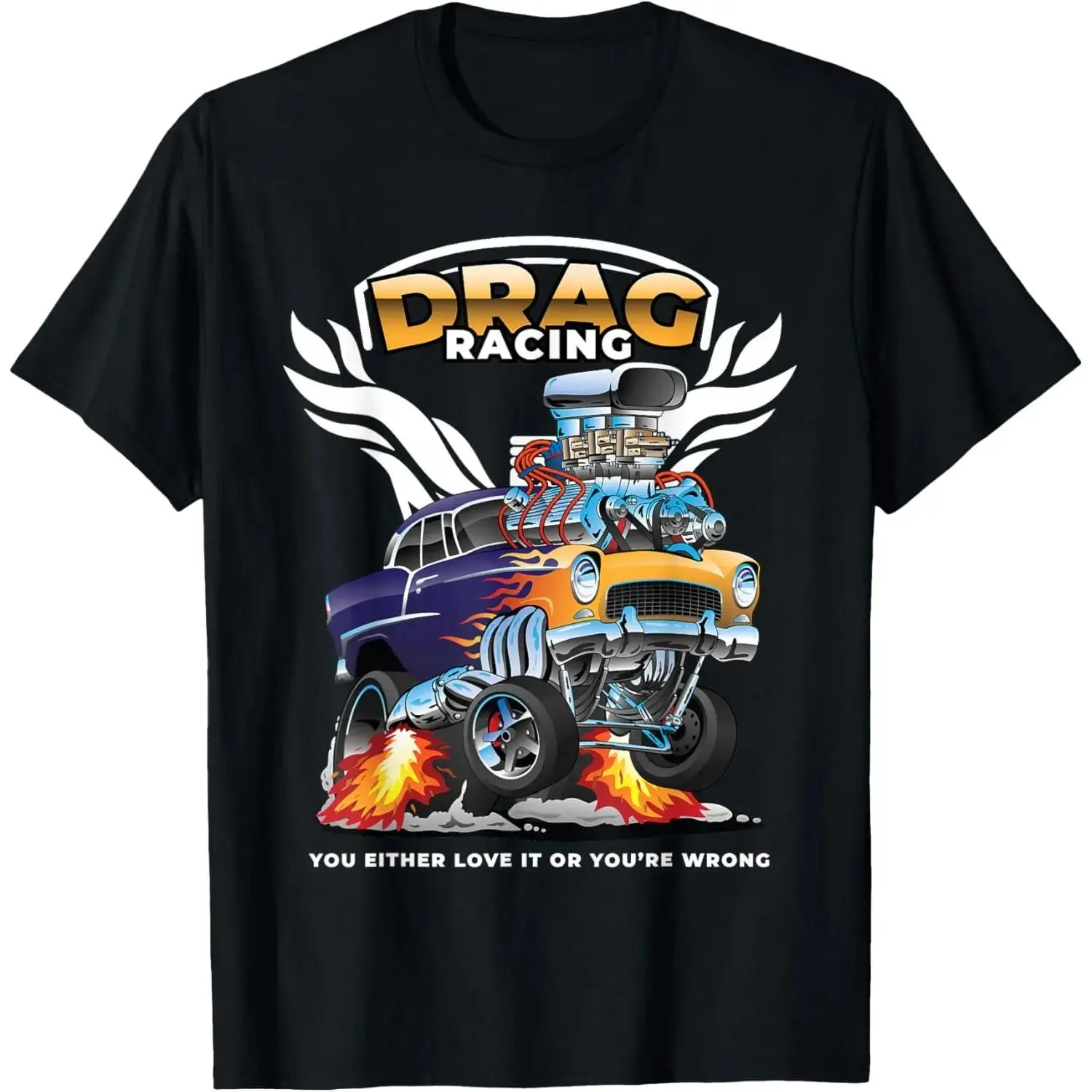 Vintage Drag Racing Hot Rod Crew Neck Short-Sleeve Tee - Black Unisex Casual Wear with Flame Print, Modified Muscle Car Exhaust Fire Art, Retro Motorsport Automotive Enthusiast Round Neck Top, Shortsleeve, Crew Neck Tee