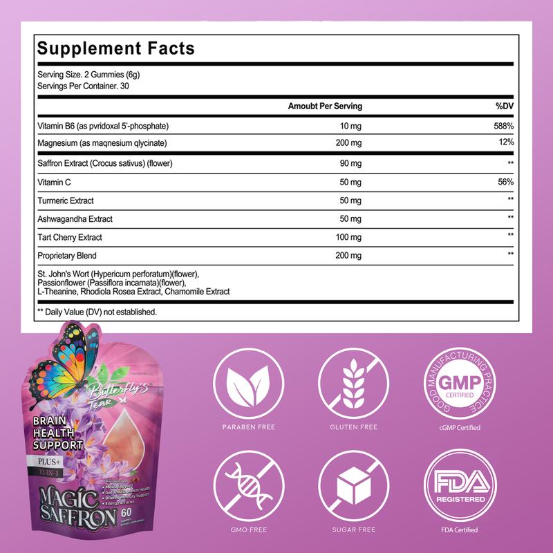 BUTTERFLY'S TEAR Magic Saffron Gummies – Mood, Brain & Focus Support with Saffron, Magnesium, Ashwagandha & Clove – 60 Gummies