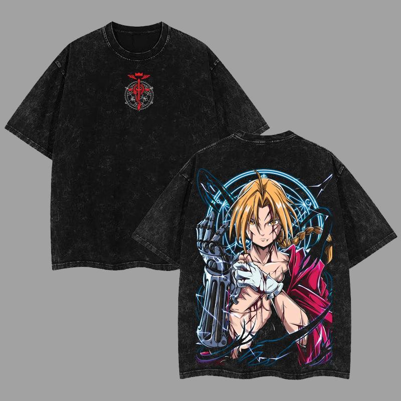 Edward Elric Fullmetal Alchemist Graphic Tee – Vintage Washed Oversized Anime Shirt, Heavyweight Cotton Unisex Top, Trendy Streetwear Menswear for Casual, Party, Convention, and Anime Fans