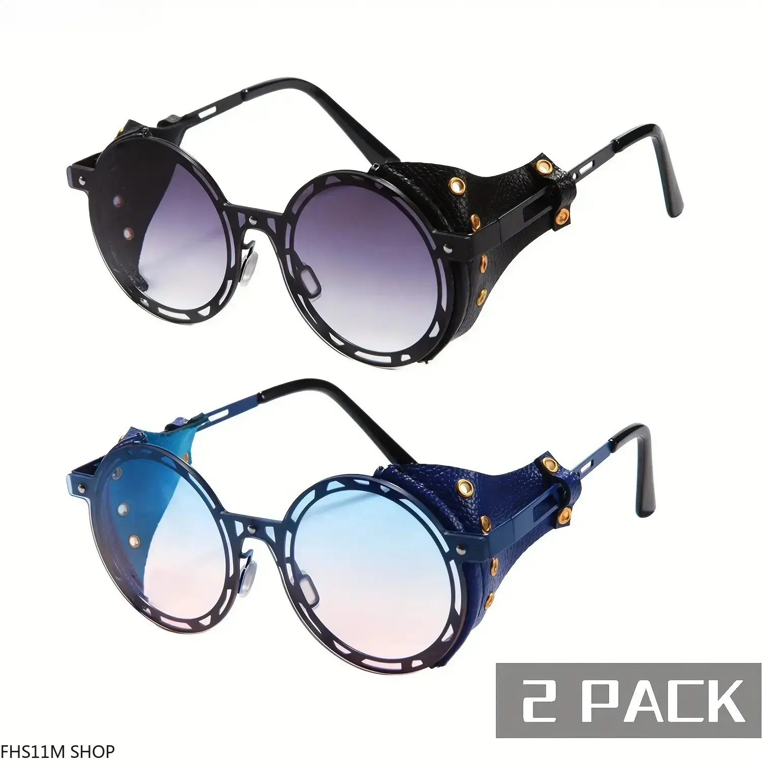 2 Pack Punk Round Sunglasses Anti Glare UV400 Protection Ultra Light Steampunk Frame Festival Travel Streetwear Cyberpunk Y2K Aesthetic Summer Essentials Unisex Premium Statement Eyewear
