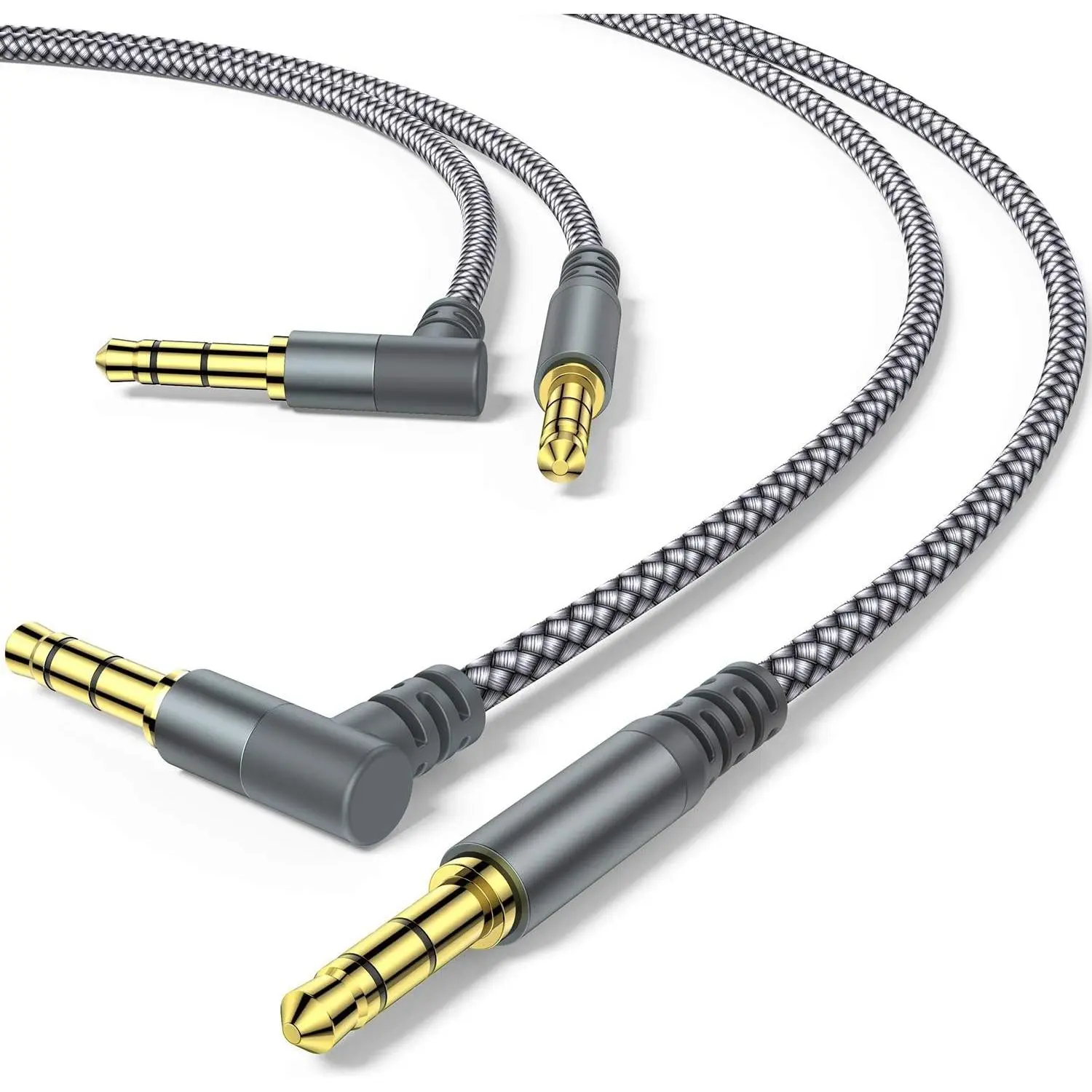2 Pack High-Fidelity 6.6 ft Nylon Braided 90° Right Angle 3.5mm TRS Stereo Auxiliary Cables - 1/8 AUX Wired Accessories with Connector & Port Compatibility for Smartphones, Headphones, Speakers, Grey