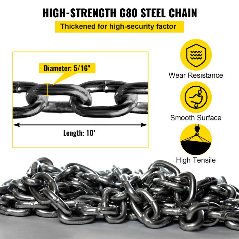 10 Feet Chain Hoist 5/ 16inch x 10 Feet Engine Lifting Chain G80 Alloy Steel Engine Chain Hoist 3 Tons, with 4-Legged Hook and Adjuster, for Mining, Machinery, Ports, Construction