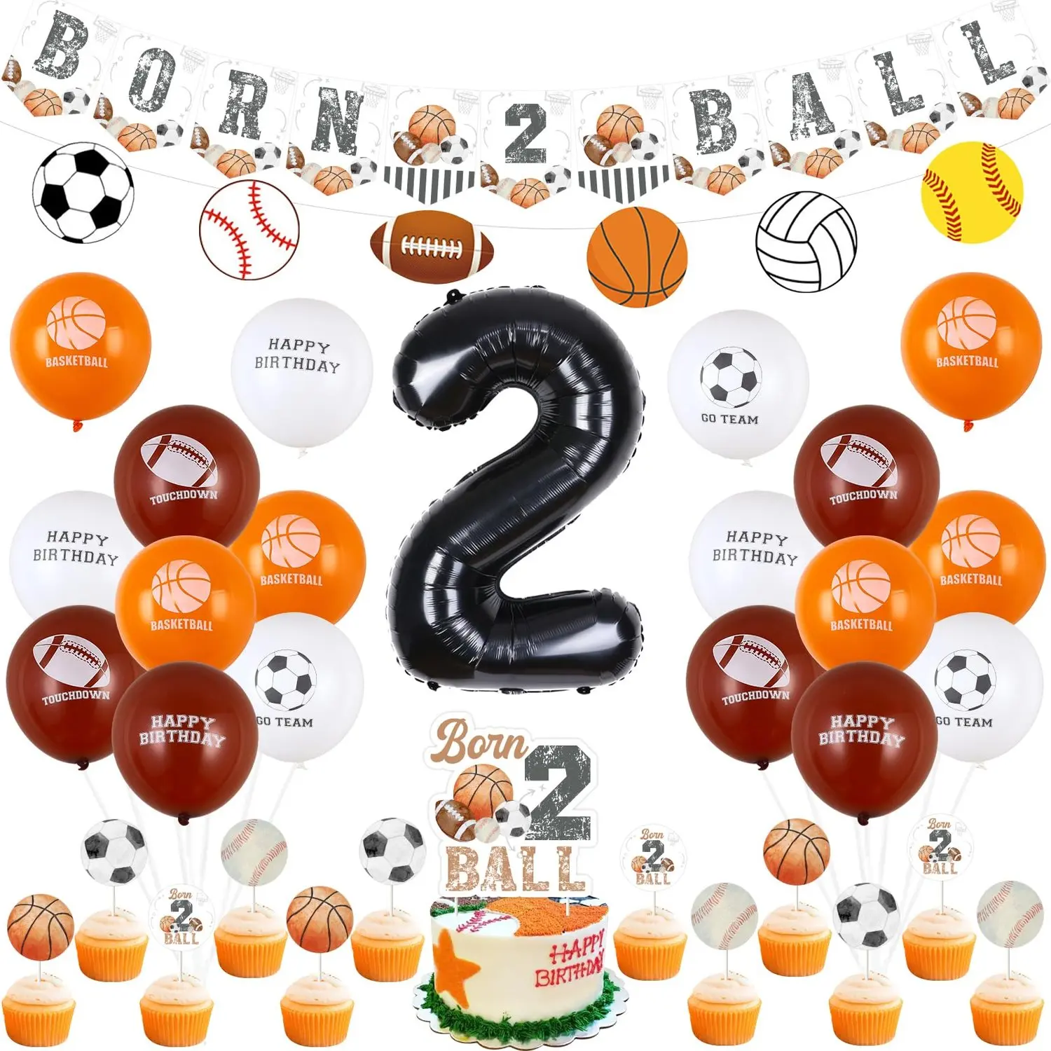 Boys' Sports-Themed 2nd Anniversary Happy Birthday Decor Kit - Reusable Party Supplies with Door Hanger, Ball Banner, Cake Topper, Cupcake Toppers, Football Soccer Basketball Printed Balloons (Birthday Ideas for Soccer Party), Unisex