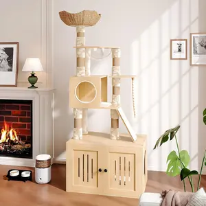 Garvee Tall Multi-Level Cat Tree with Litter Box Enclosure, 66.9 Large Indoor Cat Condo Tower Featuring Sturdy House, Perches, Hammock & Scratching Posts - Modern Cat Furniture