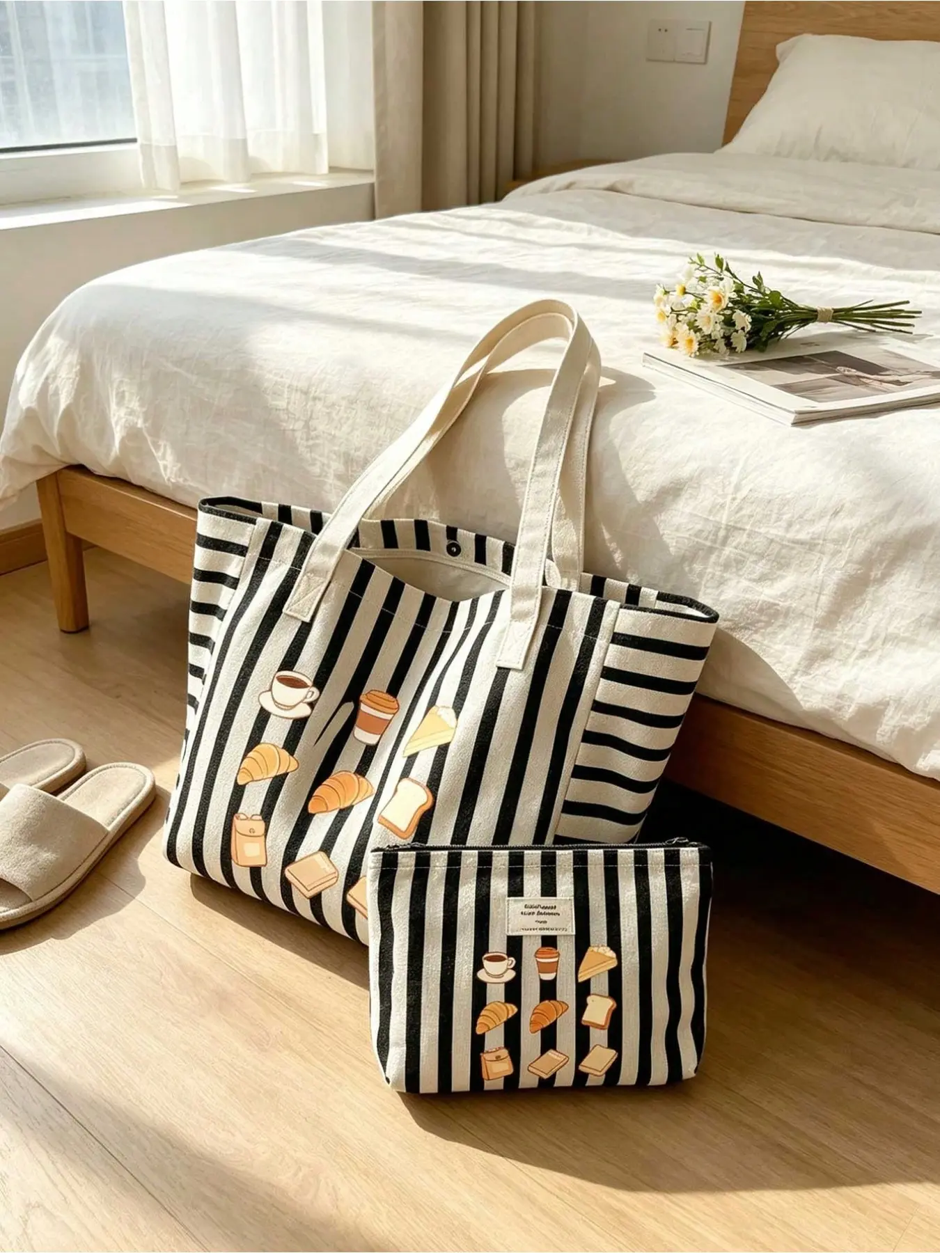 Black White Vertical Stripe Canvas Tote Set with Matching Zipper Pouch, Cute Croissant Cake Print Snap Shoulder Bag, Large Laptop Commute Travel Shopping Bag, Ideal Teacher’s Day Back to School Birthday Holiday Gift for Women Students Office Workers