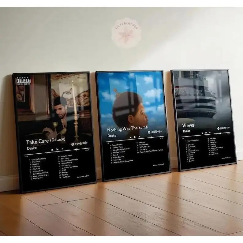 Drake Album Cover Canvas Wall Art Trio| Aesthetic Music Poster for Bedroom, Living Room, Teen Room, Office & Gaming Setup| Modern Minimalist Spotify-Style Design| Take Care, Nothing Was The Same, Views| Perfect Gift for Rap Fans| Unframed or Framed O