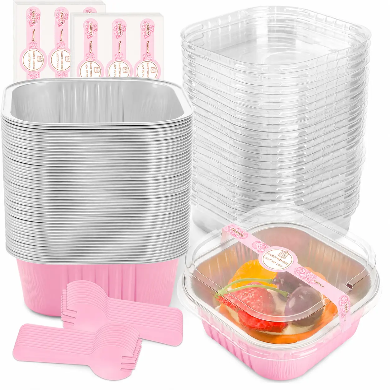Pink Square Aluminum Foil Mini Loaf Pans 25 Pack Full Set with Sealing Lids & Forks, Disposable Bakeware Cups for Single-Serve Desserts, Cute Party Favor Containers for Birthday & Wedding Gifts