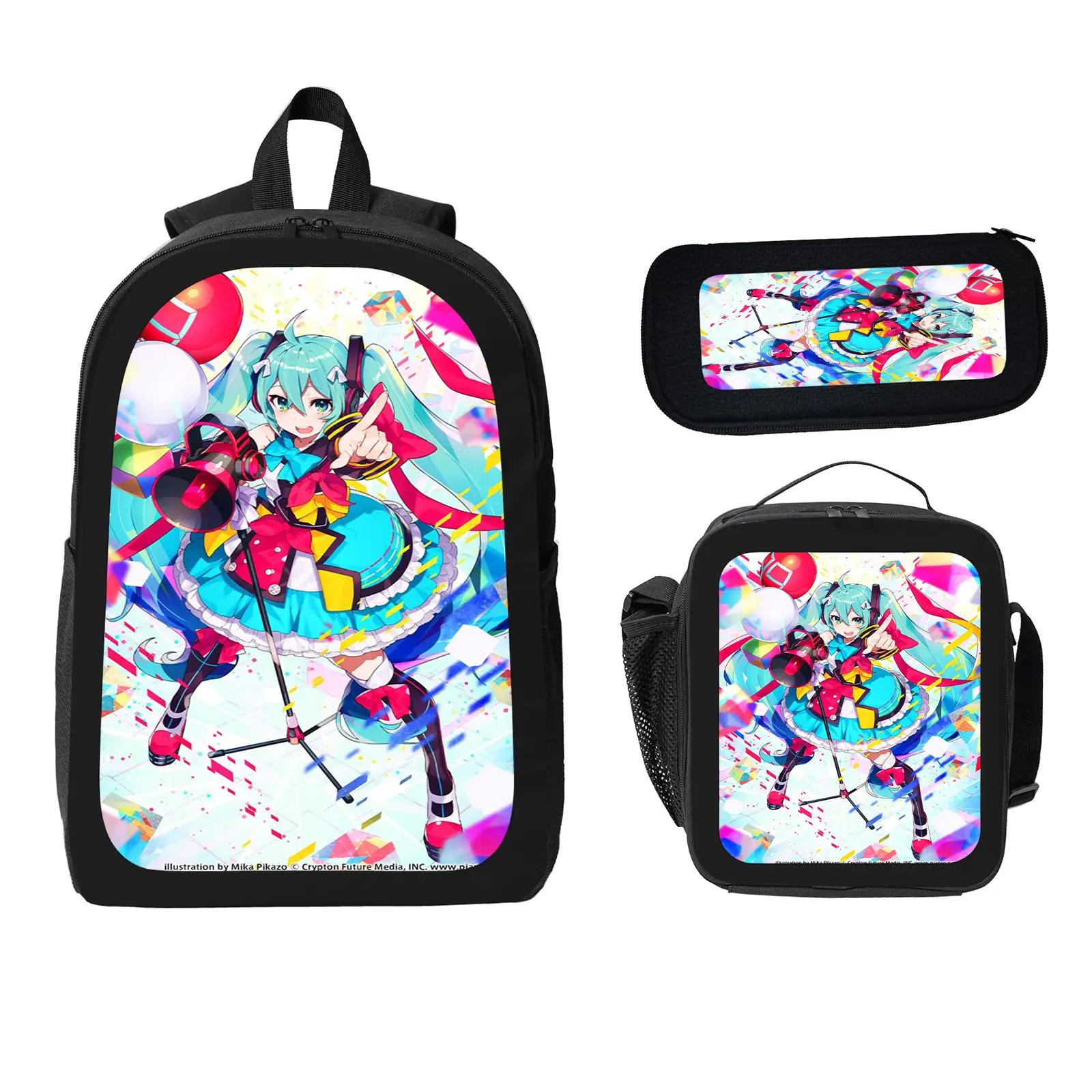 Hatsune Miku Anime Theme Unisex 3-Pcs Kids' Backpack Set, Large Space Water Resistant Bookbag with Insulated Lunch Bag & Pencil Case, Back to School Haul for Elementary-Middle School Daily Use f-38
