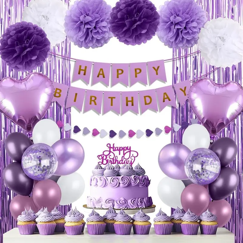 Purple Happy Birthday Party Decorations for Women Girls |   Purple Birthday Decor with Happy Birthday Banner, Purple Balloons, Foil Fringe Curtains, Tissue Paper Pompoms, Heart Garland