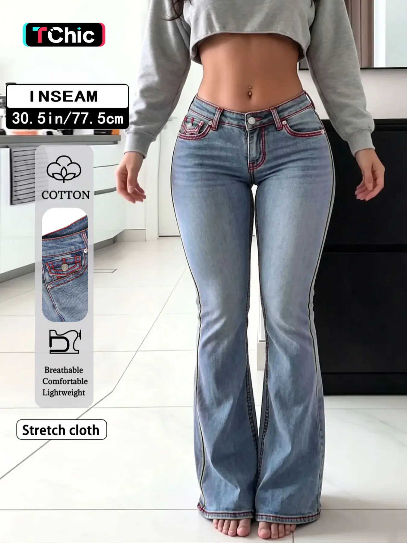 Women's Light Blue Wash Low Rise Red Contrast Stitching High Stretch Flare Jeans, Slim Bootcut Long Denim Pants, Vintage Y2K Streetwear Casual Daily Date Outfits for Women TChic