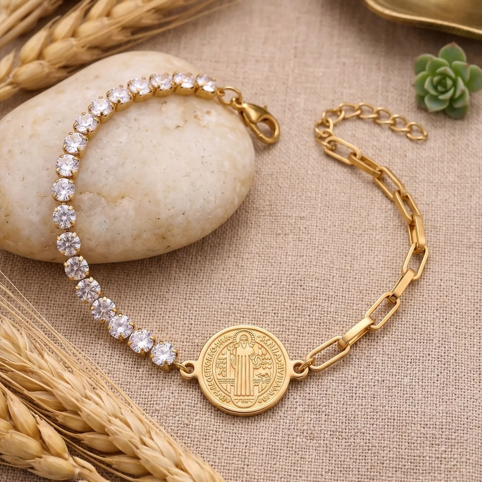 St. Benedict Coin Emblem Bracelet - Unisex Plastic Alloy Jewelry with Exclusive Spliced Tennis-Paperclip Chains, Protection Amulet, Daily Layering Accessory, Trendy Lucky Gift, Spliced Chains