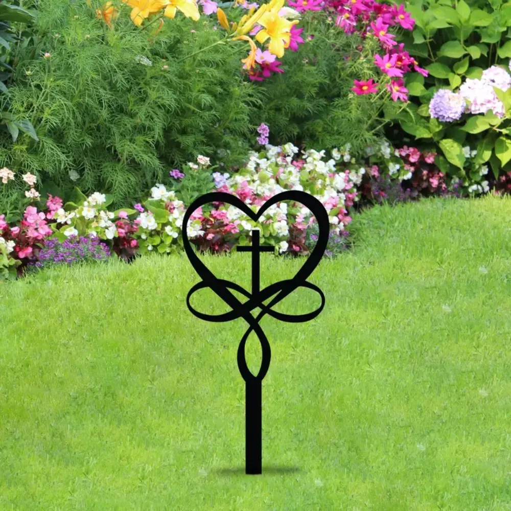 2D Flat Design, Eternal Love Infinity Heart Cross Acrylic Wall Decor - Vintage Black Outdoor/Indoor Christian Faith Decoration, Wedding and Memorial Cemetery Marker, Yard Garden Stake, Comfort Gift, Durable Acrylic Floor/Wall Art