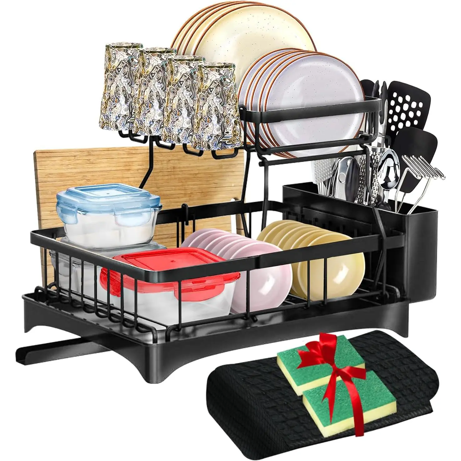 2 Tier Dish Drying Rack with Drainboard – Rust Resistant Iron Kitchen Dish Rack with 270° Rotating Spout, Utensil & Plate Holders – Compact Drying Rack for Kitchen Counter - Black