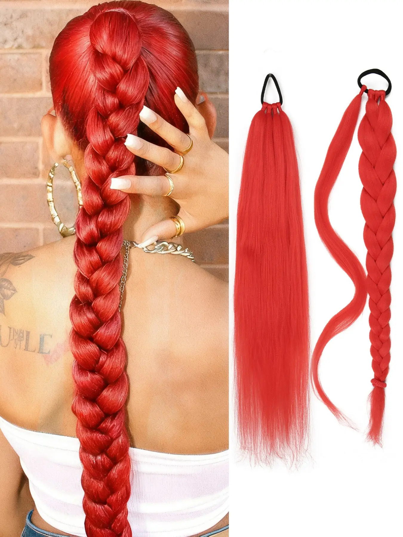 Long straight synthetic fiber ponytail extension (solid), Synthetic ponytail hairpieces, 24-inch wrap-around style, features a high-elasticity hair tie for a secure fit, suitable for daily wear, parties, shopping, music festivals, and carnivals