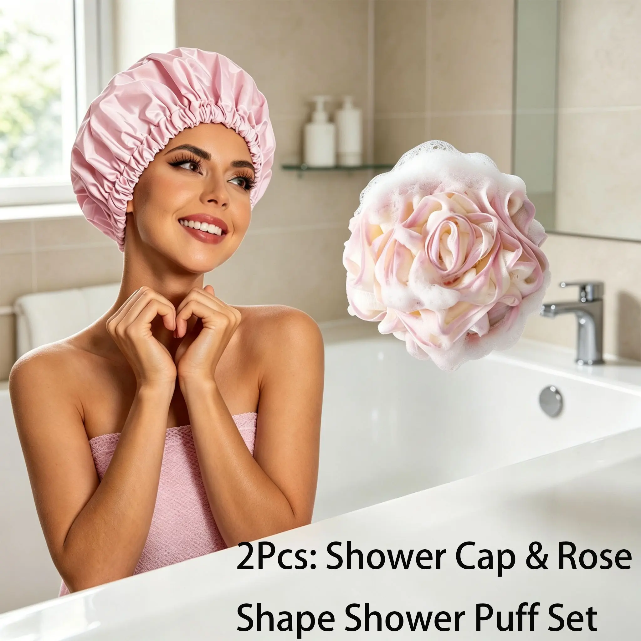 2-Piece Bath Cap and Shower Ball Set, Waterproof Hair Protection Cap, Soft Large Bubble Bath Ball, Bath Set for Girls, Bathroom Accessory