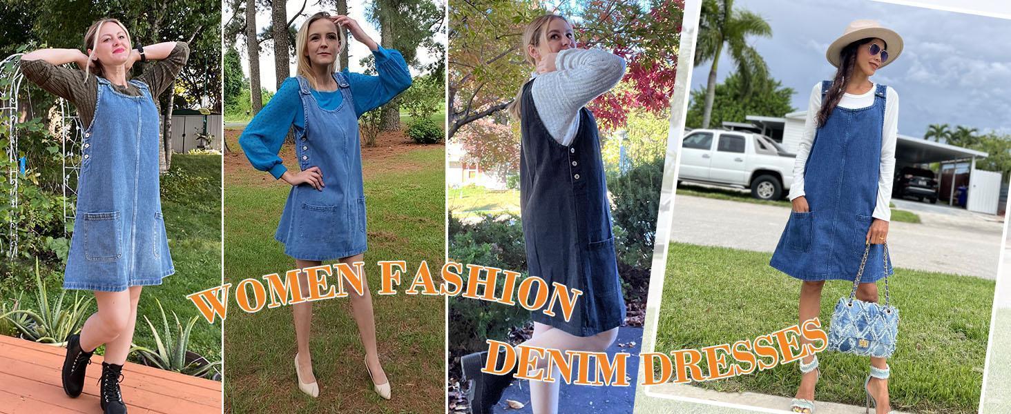 Imily Bela Women's Sleeveless Casual Denim Dress Crewneck Vintage Overall Mini Dress with Pockets