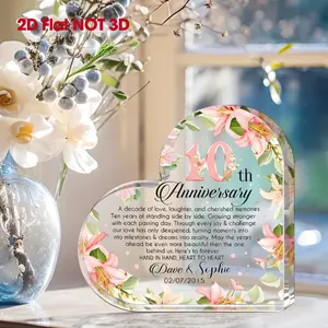 2D Flat, Personalized 10th Anniversary Nameplate - Custom Couple Names & Date - Elegant Floral Heart-Shaped Acrylic Keepsake with Names - Wedding/Anniversary Gift for Wife, Husband, Parents - Desktop Decoration for Home, Office