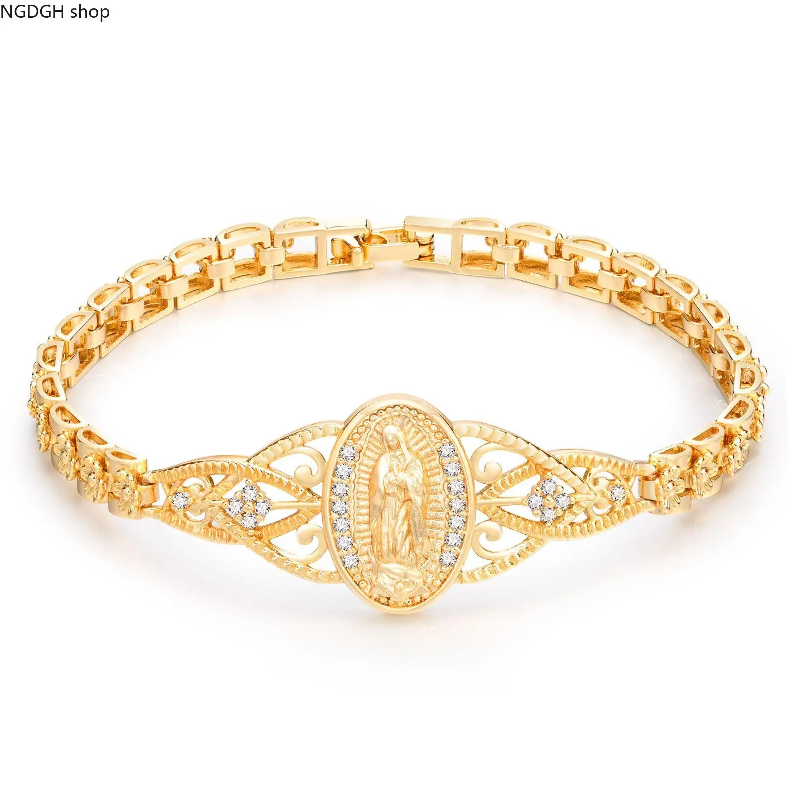 Gold Virgin Mary Bracelet for Women, Dainty Guadalupe Medallion with CZ Floral Details, Adjustable Link Chain Religious Faith Jewelry Gift, Bracelets