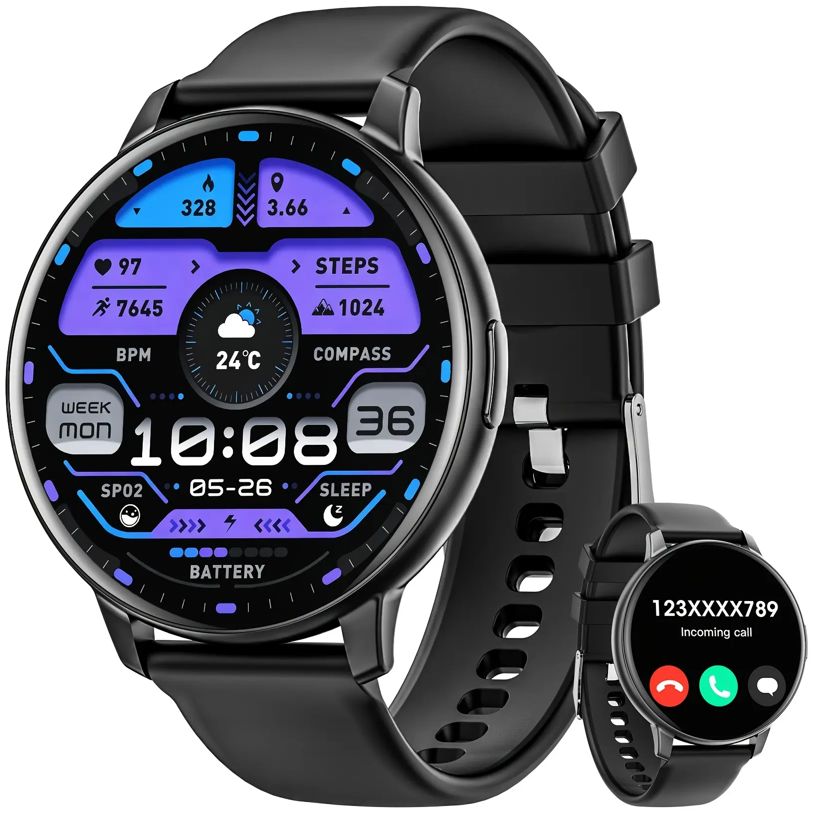 Smartwatch, IP68 waterproof, supports wireless calling, unisex multifunctional outdoor sports watch, compatible with Android and iOS systems, featuring health monitoring, music playback, and weather forecasting functions smart o