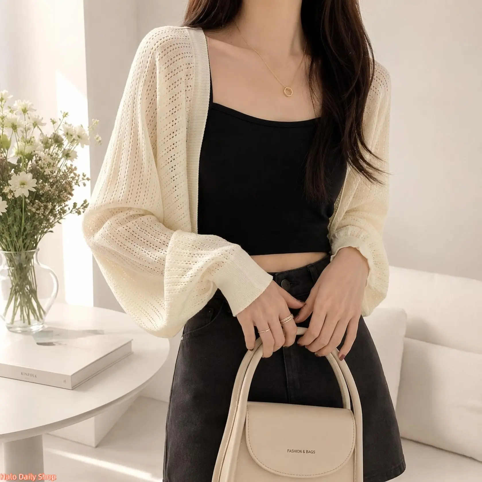 2026 New Summer Knit Hollow Out Sun Protection Cardigan for Women Ice Silk Shrug Cover Up Lightweight Breathable for Spring and Daily Wear Light Luxury Cute US Design