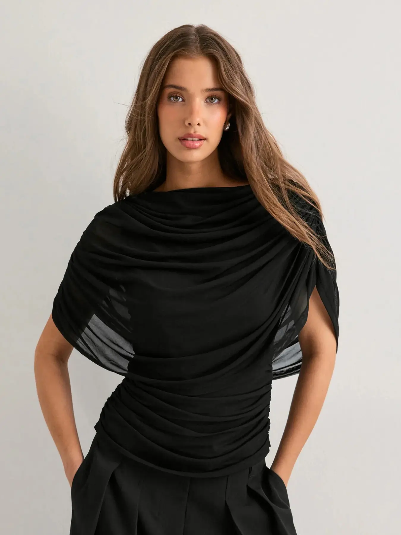 Women's Flowy Drop Shoulder Mesh Cape Top, Waist Cinched Pleated Slim Fit Luxury Commuter Cover-Up, Perfect for Dates and Multiple Occasions, Chic