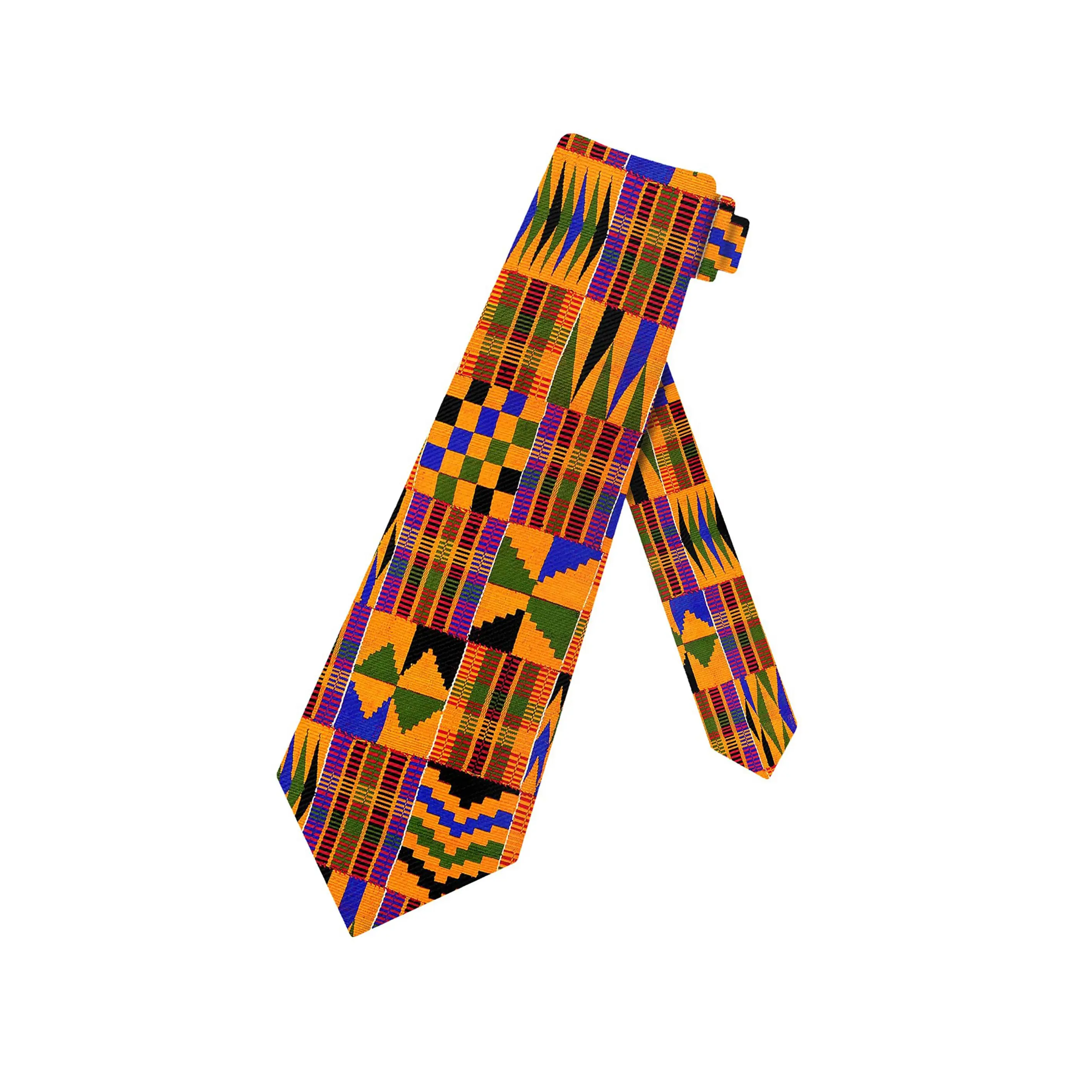 Unisex Skinny Necktie with African Kente Geometric Print - Bold Ethnic Polyester Tie for Weddings & Cultural Events
