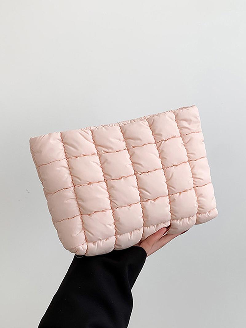 Solid color quilted design clutch bag, large capacity zipper travel storage bag, women's portable travel storage bag, back to school season, suitable for daily commuting and travel, school portable bag, Quilted Purse