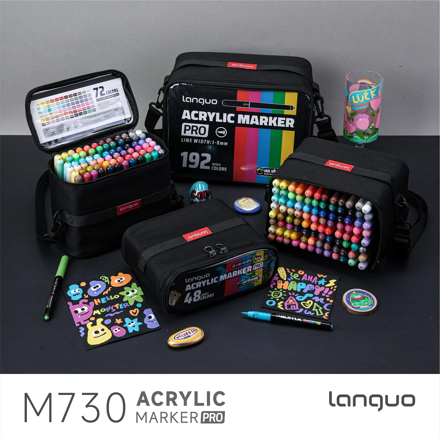 Languo Acrylic Marker Pens Set, 9/48/72/96/192 Colors, Enhanced Ink Coverage, Non-Blotting, Multi-Material Use, Fabric Storage Bag Included
