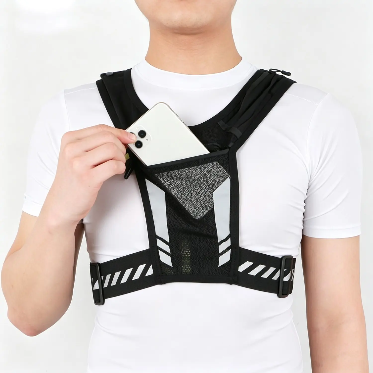 Reflective Running Chest Vest, Multi-Pocket Phone Holder, Adjustable Waist Hydration Vest, Fits 1000ML Water Bottle, Outdoor Sports Gear
