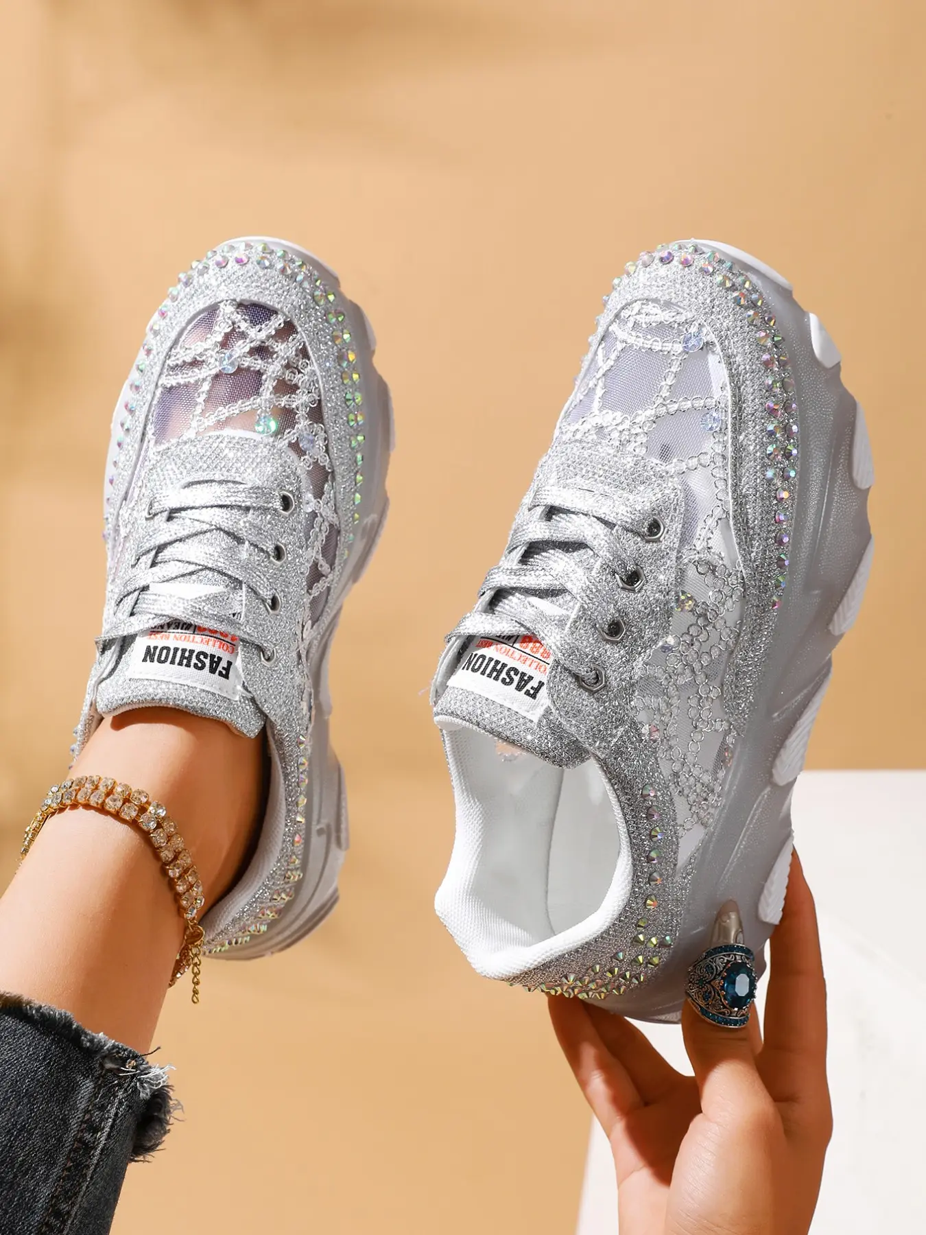 New Mesh Lace Rhinestone Dad Shoes for Women, Summer Breathable Thick Sole Platform Sneakers, Transparent Bottom Sparkly Casual Sports Shoes