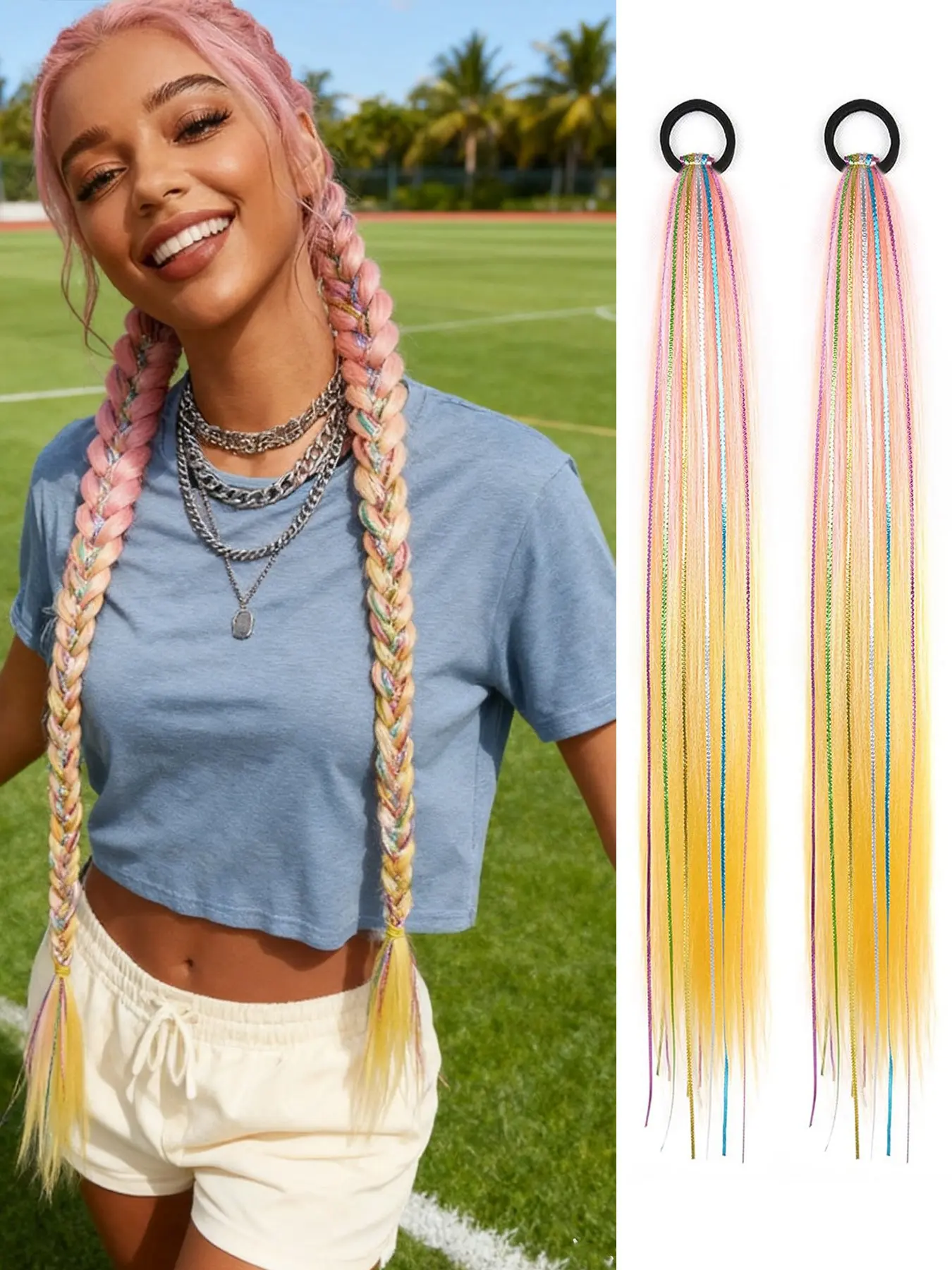 26 Inch Hair Tinsel Colored Braided Ponytail Extension, 2 Pack Pink&Beige&Gold Hair Extensions Ponytail with Elastic Tie, Synthetic Straight Hair for Women Festival Rave Party, Synthetic Fiber Extensions